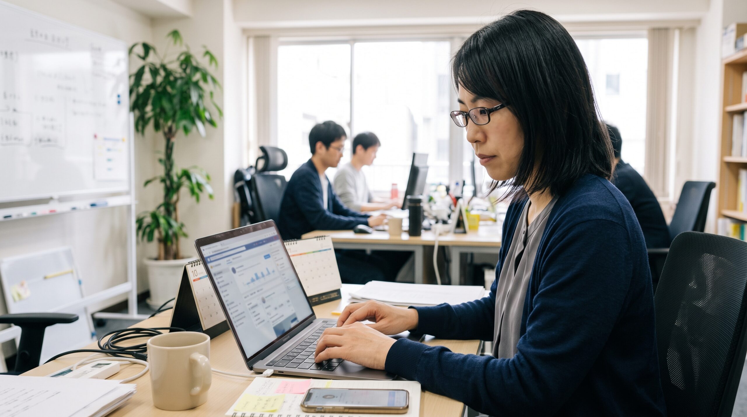 Facebook広告を使って採用活動を行う担当者がオフィスでノートPCの管理画面を確認している様子