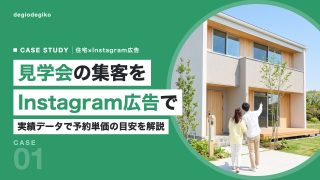 新築の家を見学に来た夫婦の後ろ姿と「見学会の集客をInstagram広告で」の見出し
