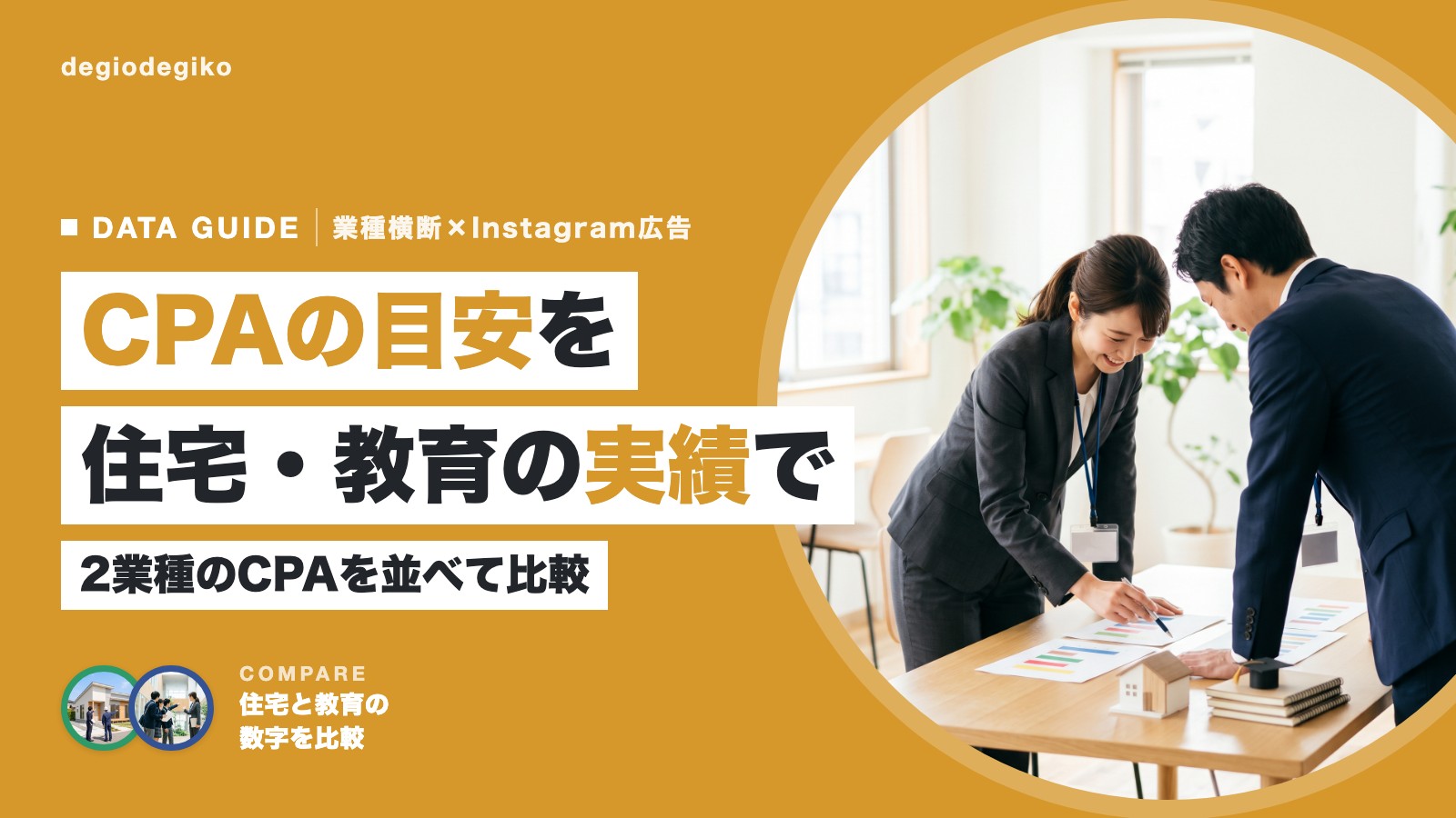 明るい会議室で、スーツ姿の2人が棒グラフの資料を見ている様子と、住宅の模型・ノートが並ぶ机、「CPAの目安を 住宅・教育の実績で」の見出し